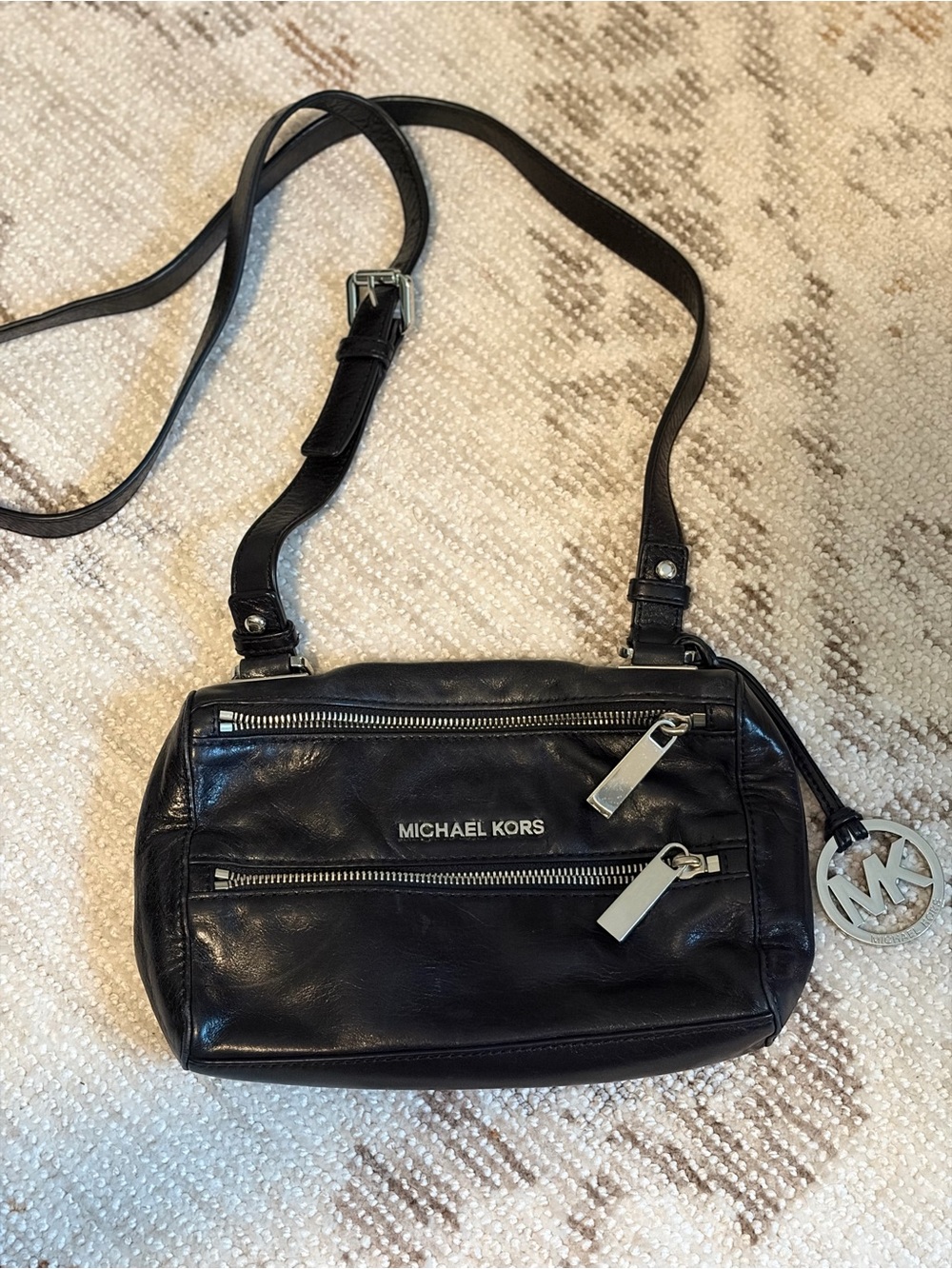 Michael Kors Black Leather Shoulder Crossbody with Silver MK Charm